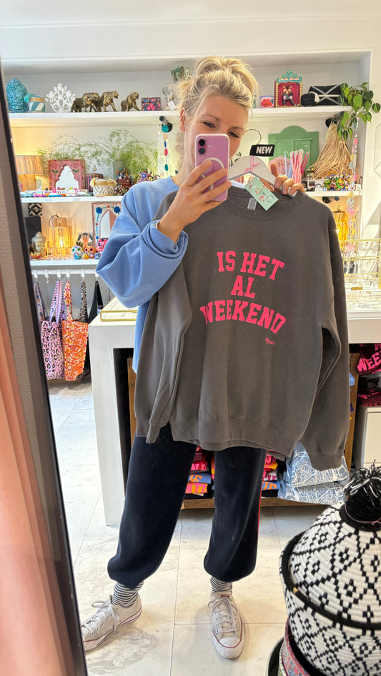 NIEUW Trui: “Is het al weekend” Grijs met neon Roze