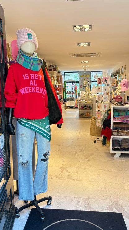 NIEUW Trui: “Is het al weekend” Rood met neon Roze