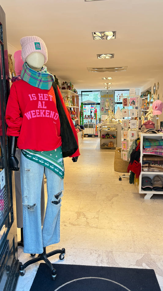 NIEUW Trui: “Is het al weekend” Rood met neon Roze