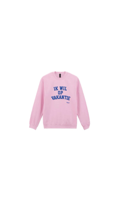 NIEUW Trui: “Ik wil op Vakantie” Pastel Roze met Blauw