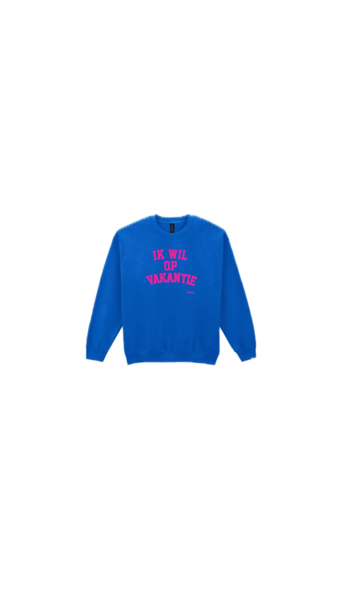 NIEUW Trui: “Ik wil op Vakantie” Blauw met Neon Roze