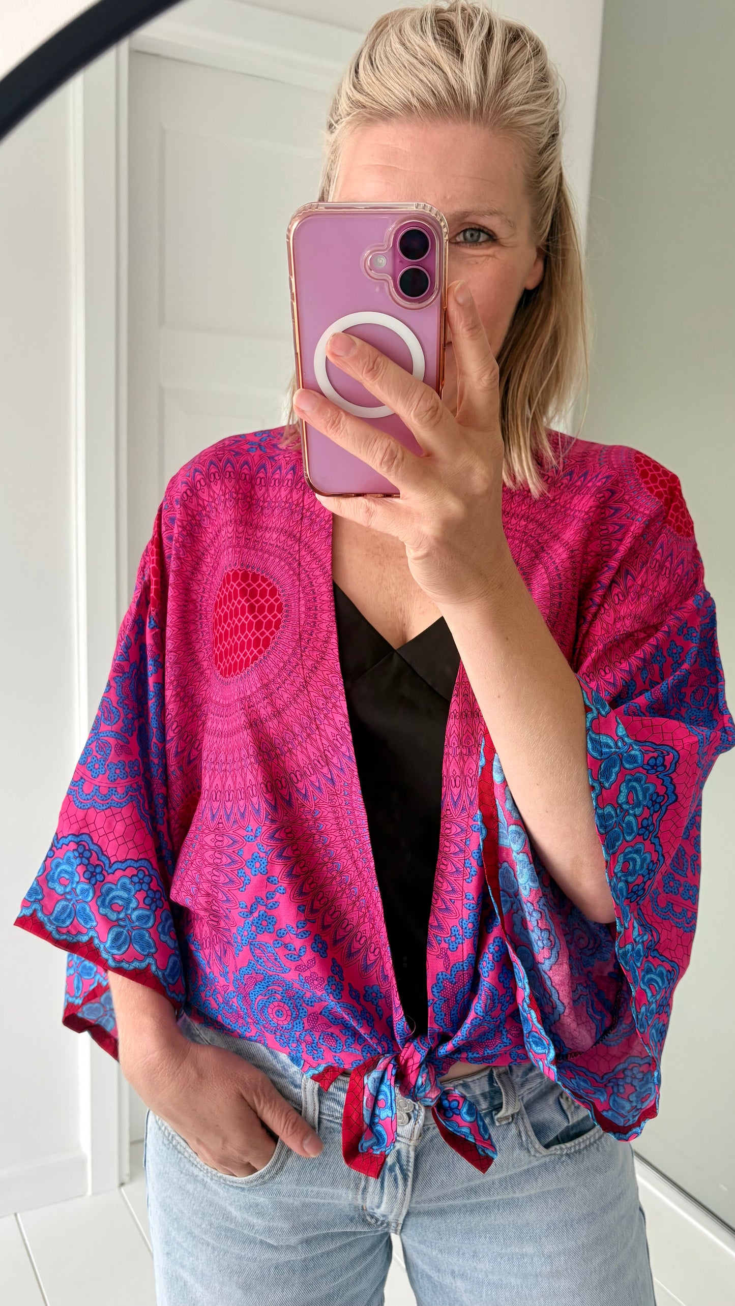 Izzy Kimono Vest Roze met Blauw