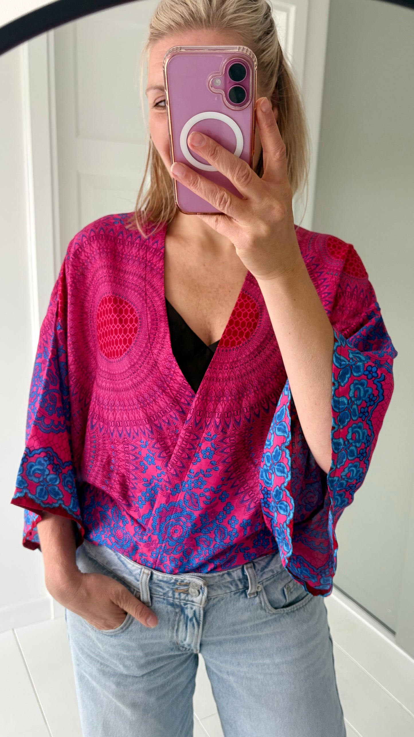Izzy Kimono Vest Roze met Blauw